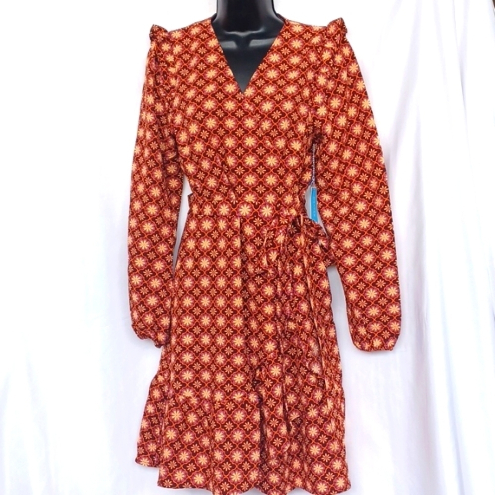 NWT Draper James Vintage Inspired Long Puff Sleeve Wrap Dress Sz S, Ruffle Hem